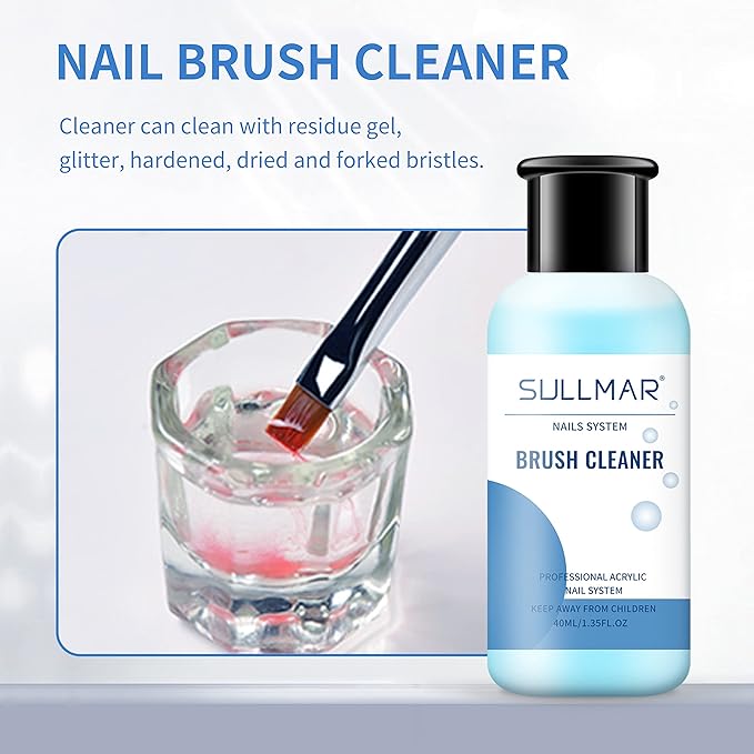 Acrylic Nail Brush Cleaner Kit - 40ml, Quick Clean, Includes Nail Cotton Pads & Glass Cup