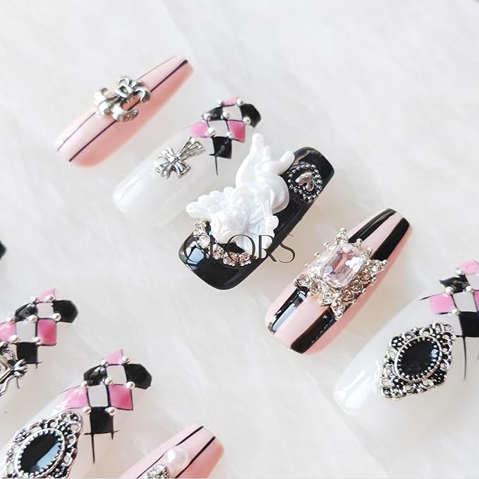 Gothic Press-on Nails, Long Coffin Shape, Pink Black White, 3D Decorative Gems and Charms, Handmade False Nail 10 Pieces (Medium,LB)