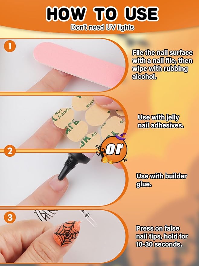 EBANKU Halloween Kid Press on Nails, 24Pcs Sparkle Almond Fake Nails Kit Full Cover Orange Web Cute Design Acrylic Nails with Nail Glue for Girl