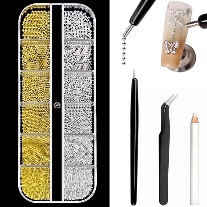 Mixed Sizes Nail Beads with Magnetic Pen and Tweezers, Nail Art Studs Gold Silver Mini Metal Caviar Nails Beads Ball Nail Rivets Jewelry, Round Caviar Beads Accessories for Manicure Decor Nail Charm