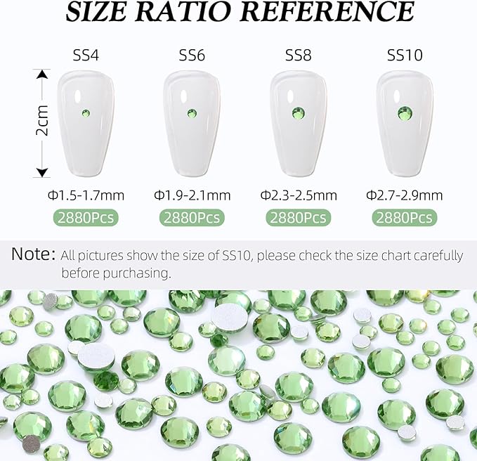 Light Green Flatback Rhinestones, Glass Rhinestones for Nail Art and Craft, Glue Fix, Loose Crystal Gemstones(Lt.Green, SS6, 2880pcs, 1.9-2.0mm)