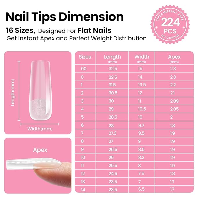 Beetles Tipex Instant Apex Nail Tips Kit, Square Long, 224pcs 16 Sizes, with Tipex Nail Glue, Dehydrator, Primer, Base & Top Coat, Mini UV Lamp, Pre-Building Kit