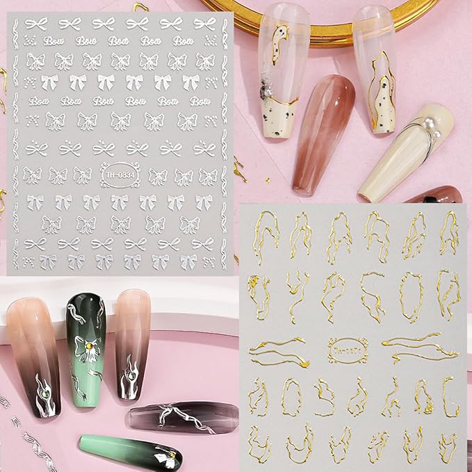 9 Sheets Gold Silver Nail Art Stickers 3D Laser Silver Stripe Line Nail Decals Self-Adhesive Metallic Butterflies Love Stars Gold Nail Stickers for Wome Girls French Nail DIY Decoration Accessories