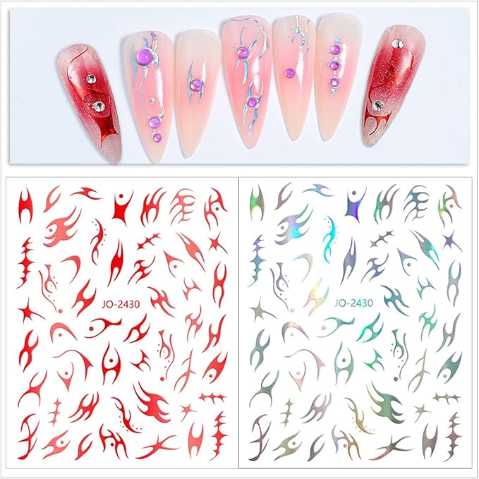 Irregular Geometric Line Nail Art Sticker Flame Pattern Nail Decals Holographic Gold Silver Black White Red Blue Nail Art Sticker Decals 3D Self-Adhesive Nail Sticker Design for Women DIY Manicure