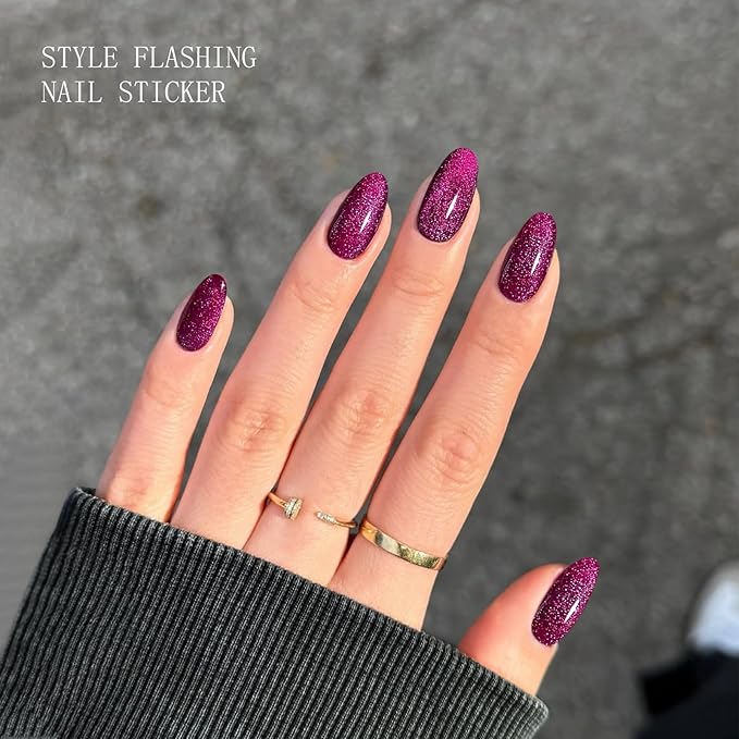 JMEOWIO Gel Nail Stickers Purple Red Glitter Cat Eyes Semi Cured Gel Nail Strips Wraps UV/LED Nails Art Design Decoration Accessories