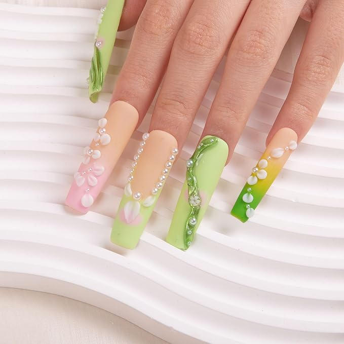 LOVFUL Press on Nails Green Fairy| Handmade with Full Covered Crystals| Reusable Fake Nails| Square Mid length 1.7in| H246-S