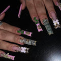 MISUD Press on Nails - Extra Long Square Glue on Nails with French Tip, Acrylic Dollar Money Design 24 pcs