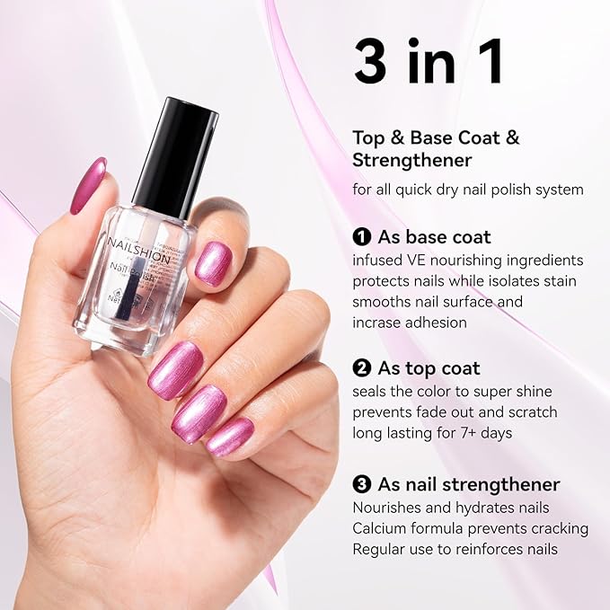 Metallic Purple Rose Nail Polish with 3-in-1 Clear Base Top Coat, Fast Air Dry Fingernail Polish Duo, Non-Gel, Opaque, Glossy Luxury Nail Art Fingernail Toenail Polishes