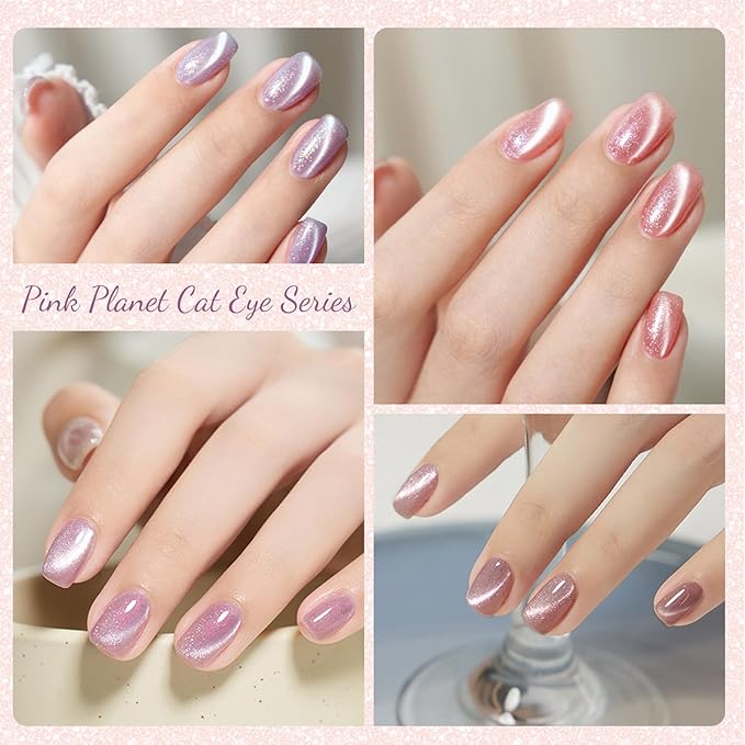 CANNI 8 Pcs 9 ML Cat Eye Gel Nail Polish Set, Pink Green Purple Silver Glitter Rainbow Holographic Cat Eye Gel Polish Kit with Magnet Shimmer Colors Nail Art Manicure Salon DIY Gifts
