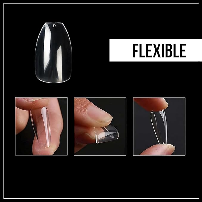 Nail Gel-X Natural Coffin Short Tips Set - NeVi USA Premium Quality, 600 Tips in 10 Sizes - Complete DIY Nail Extension Kit | No Size 00 Included #5 and #6 Are Double Quantity