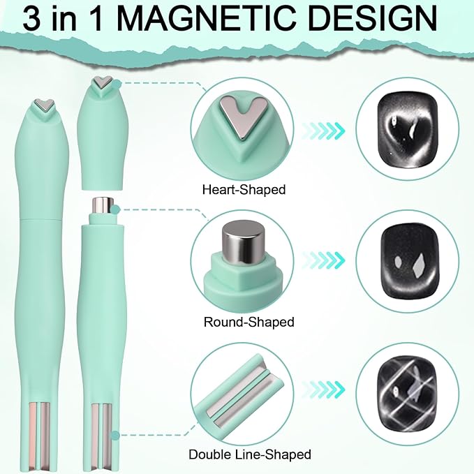 Cat Eye Magnet Set, 3 in 1 Heart Magnet for Cat Eye Gel Polish, 6 in 1 Cat Eye Nail Magnet for Beginners and Pros, Multifunctional Nail Magnet Tool for Nail Art DIY at Home (Black)