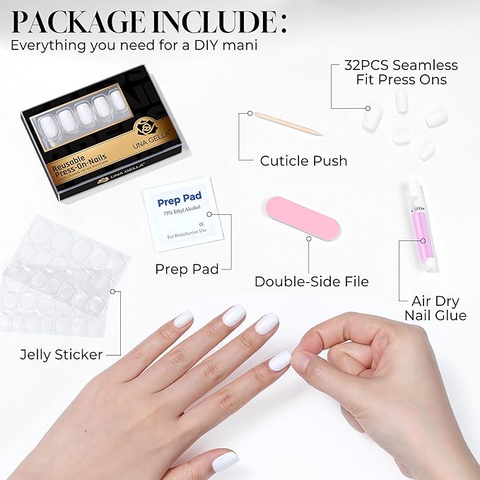 UNA GELLA Soft Gel Press on Nails - 32 Pcs 16 Sizes Glossy Milky White Short Square Fake Nails with Glue & Adhesive Tabs, Reusable Full Cover False Nails Kit, Salon Quality DIY Manicure Set