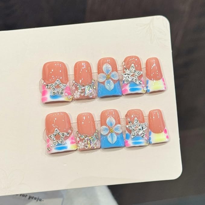 Handmade Nails Duckbill Shape Hand Carved Style Peach Pink Base Floral Pink Blue Yellow Gradient Rhinestone Decor Glossy Surface Fashion Manicure Easy Wear Press on Nails 10 pcs (M)