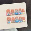 Handmade Nails Duckbill Shape Hand Carved Style Peach Pink Base Floral Pink Blue Yellow Gradient Rhinestone Decor Glossy Surface Fashion Manicure Easy Wear Press on Nails 10 pcs (M)