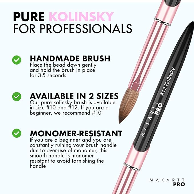MakarttPro 100% Kolinsky Acrylic Nail Brush #10 – Pure Kolinsky Hair for Smooth Application, Monomer & Acetone Resistant Handle, Anti-Clogging, Durable Professional Nail Art Brush