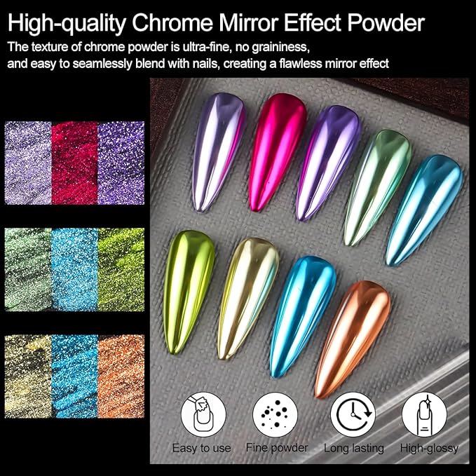 9 Jars Chrome Nail Powder for Gel Nails, Metallic Mirror Effect Pigment Nail Chrome Powder Kit with 10ml 3D Sculpting Gel for Home DIY Salon Use