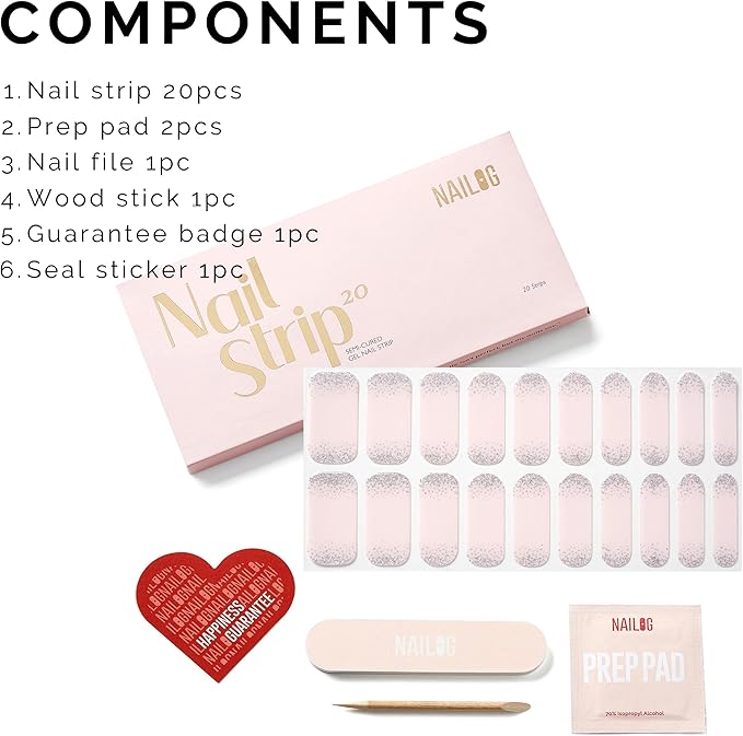 Semi Cured Gel Nail Strips - NAILOG 20 Pcs Pink Glitter Nail Stickers Extra Long Wraps with Glossy Gel Finishing for Spring Summer, Pearl Gleam
