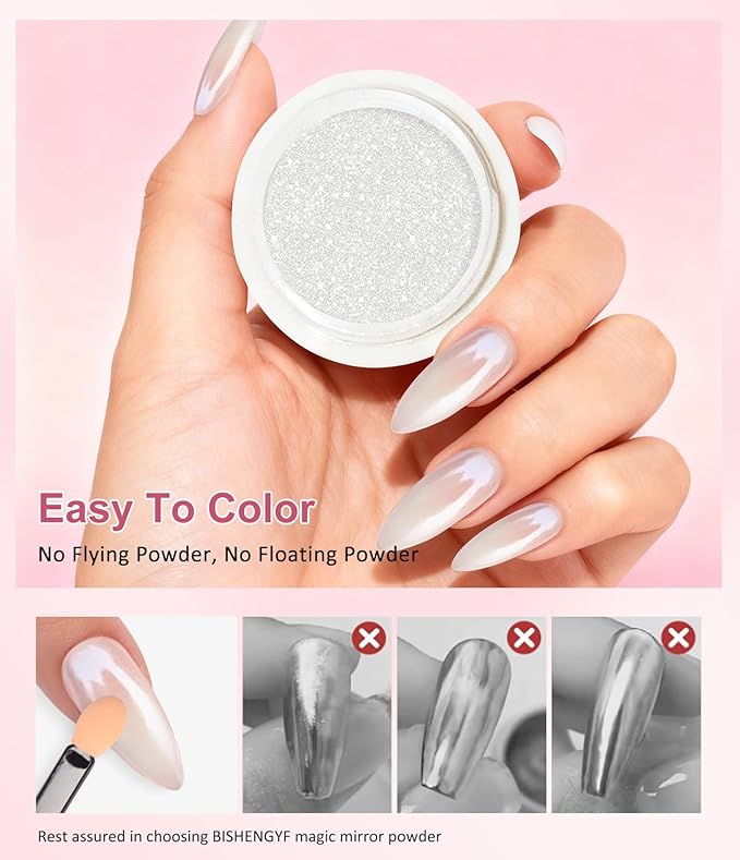 Gold Chrome Nail Powder - 6pcs Sparkly Laser Holographic Nail Powder Metallic Mirror Effect Pink Nail Chrome POwder, White Pearl Pigment Holo Iridescent Glitter Dust Kit, Nail Art Decoration