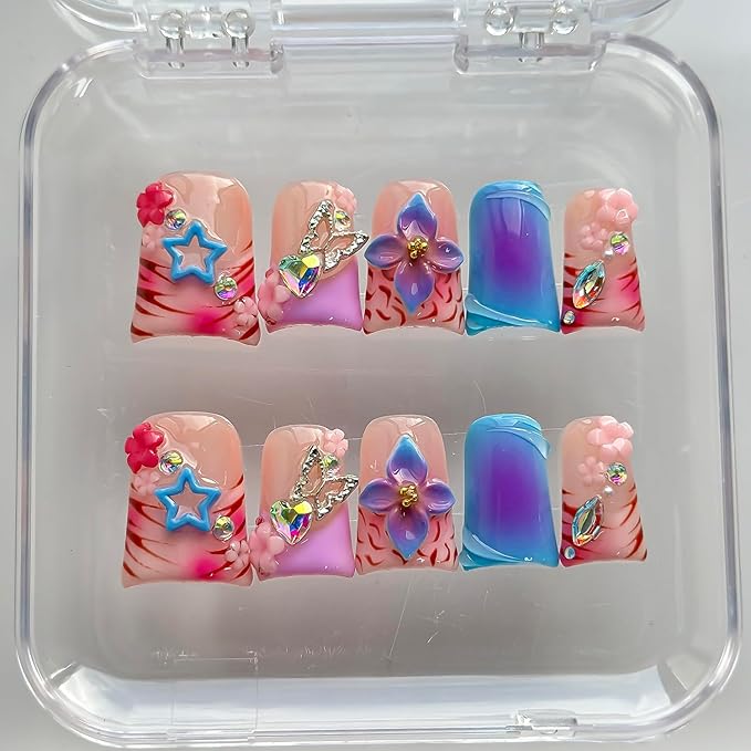 Luxury Press on Nails Short Duck Handmade 3D Unique Reusable ABS Material Fake Nails French Tip False Nails with Designs Stars Flower Butterfly Rhinestones Glossy Glue on Nail Thick Acrylic Nail(S)