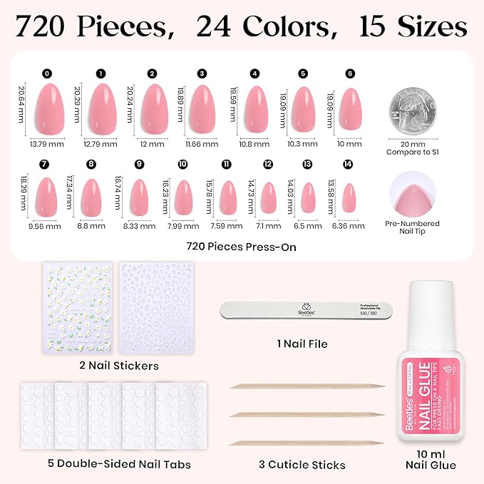 Beetles Press On Nails Kit - Rainbow Gleam | 720Pcs 24 Colors Short Almond Press On Nails | 15 Sizes Matte Glossy Glitter With Nail Glue & Nail Tabs Stickers, Fake Nails Kit Art For Women