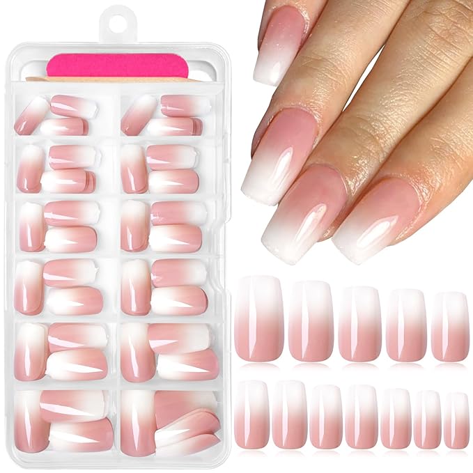 AddFavor 240pc Ombre Square Press on Nails Medium Fake Nails - Glue on Nails Square Acrylic Nails Press ons Nail Tips Medium Stick on Nails with Nail Glue and Adhesive Tabs for Women