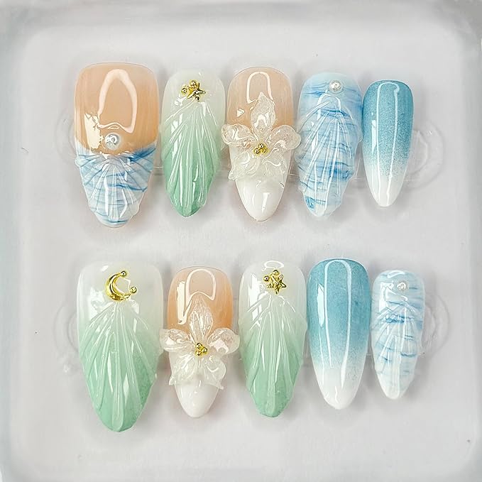 Luxury Press on Nails Medium Almond French Tip Handmade 3D Unique Reusable ABS Material Fake Nails Blue False Nails with Designs Pearls Floral Art Petal Glossy Glue on Nails Thick Acrylic Nails(M)