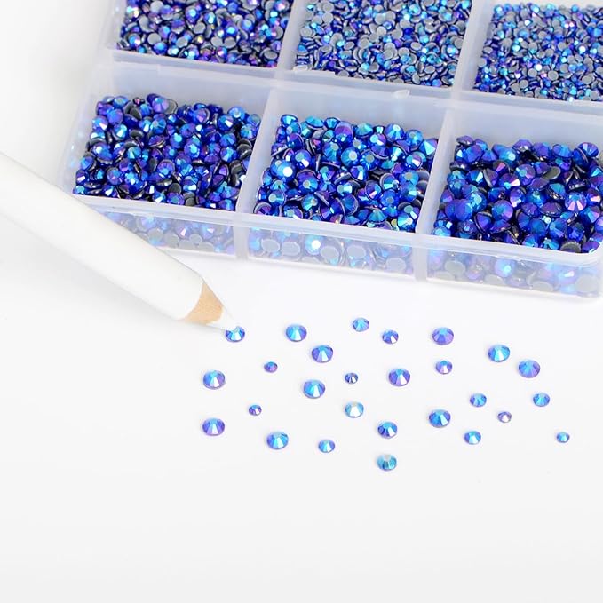 Bymitel Hotfix Crystal Rhinestones Round Gems for Crafts,Mixed 6 Sizes with Wax Pencil Kit, Sapphire AB 1.3-3.2mm(SS3-SS12/8000pcs)