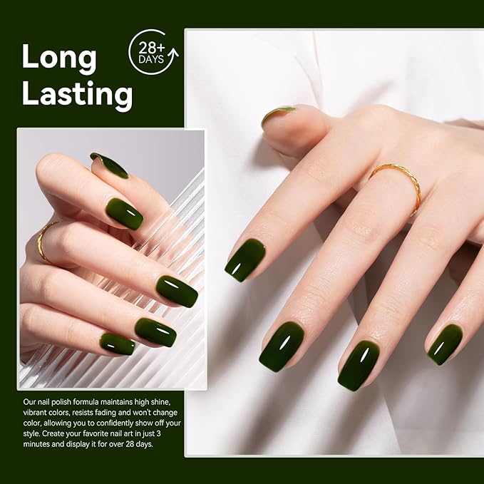 MEGIOR Moss Green Jelly Gel Nail Polish 0.5 Fl Oz Neutral Transparent Green Colors Soak Off UV LED Lamp Light Cure Gel Polish Kit for Salon and Nail Art Starter Manicure DIY at Home