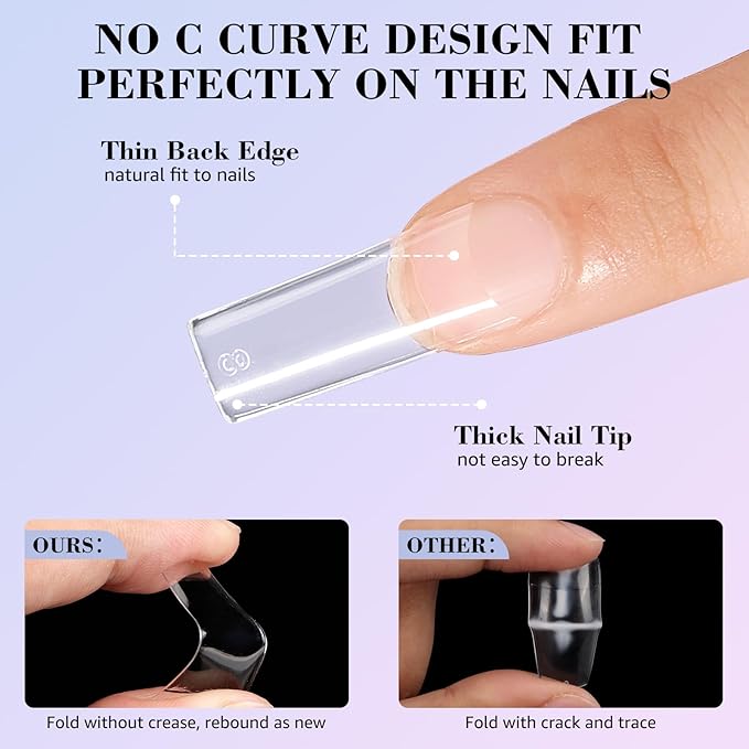 LIONVISON Tapered Square No C Curve Nail Tips, Half Cover Square Shape Clear Nail Tips For Acrylic Nails Long French Fake Nail Tips With Box For Nail Salons Home Diy