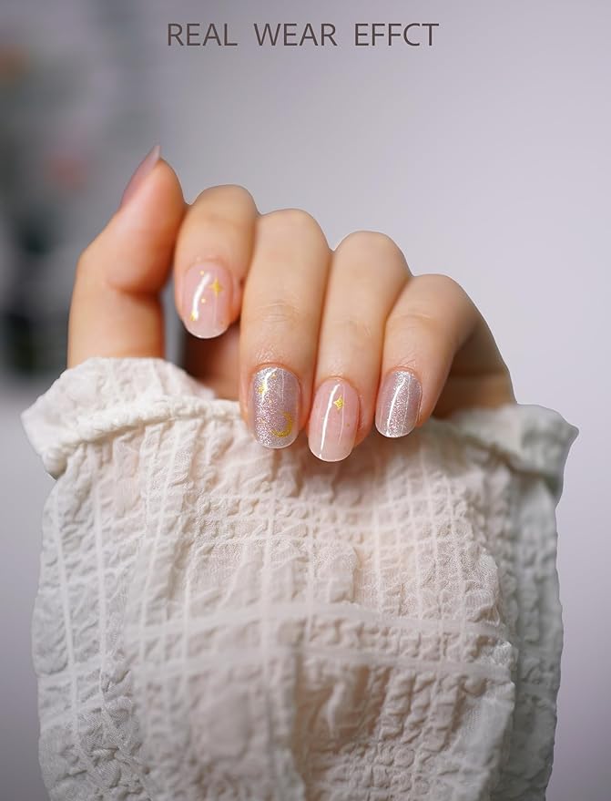 Nail Polish Strips – 32PCS UV Free Salon Quality Wraps, Long Lasting Gel Nail Stickers for Women (Moon Stars Pink)
