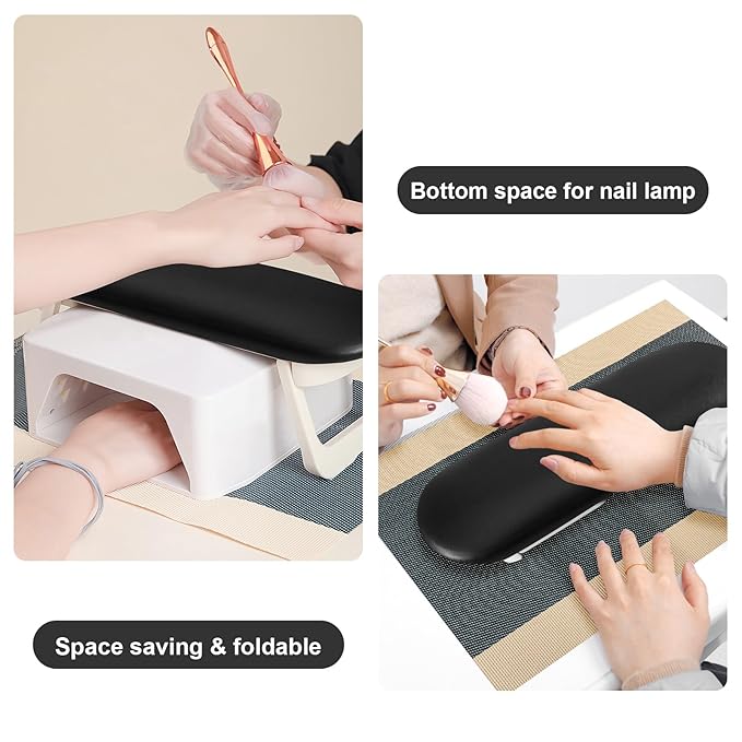 Diesisa Nail Arm Rest, Foldable PU Leather Nail Hand Rest For Nails Tech with Soft Table Mat, Soft Hand Rest for Acrylic Nails/Nail Hand Pillow for Manicure Salon Use-black