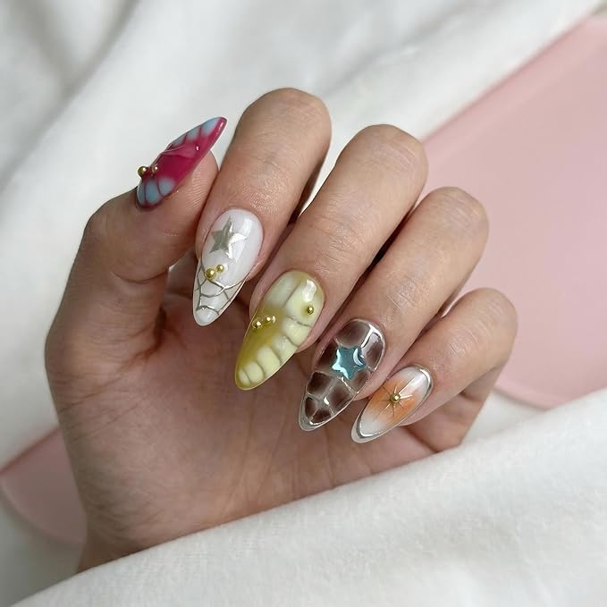 10 Medium Almond Handmade Press On Nails | Y2K Aesthetic Colorful Abstract Fake Nails with Marble, Star & Gold Studs |Reusable Salon Quality Nails(5U01, S)