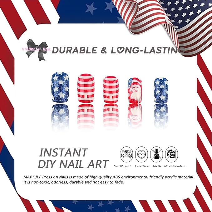 4th of July Press on Nails Medium Square America Flag Fake Nails Bald Eagle False Nails with Designs Full Cover Glossy Glue on Nails Acrylic Nails Manicure Artificial Nails for Women Girls 24Pcs