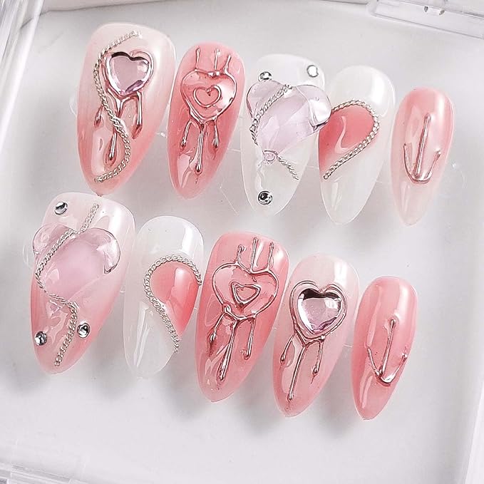 10Pcs Handmade Press On Nails Medium Almond Press On Nails Heart Rhinestone With 3D Metal Design Full Cover Acrylic False Nails Artificial Reusable Stick On Nail For Women (SIZE:S)