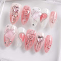 10Pcs Handmade Press On Nails Medium Almond Press On Nails Heart Rhinestone With 3D Metal Design Full Cover Acrylic False Nails Artificial Reusable Stick On Nail For Women (SIZE:S)