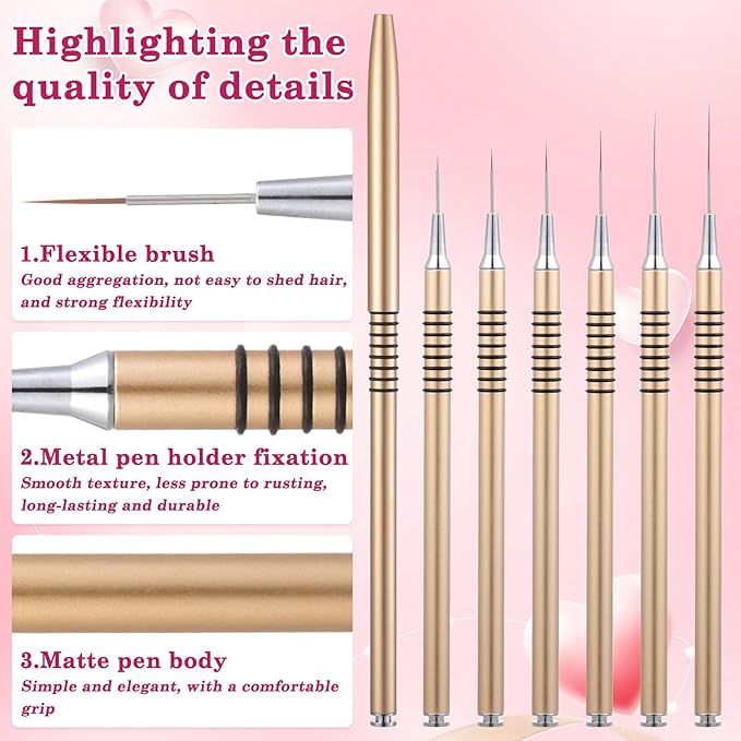 6Pcs Nail Art Liner Brushes Set, Fine Drawing Painting Details Design Striping Brush With Gel Polish Acrylic Handle Gifts Manicure Tools DIY Sizes 5/7/9/11/15/25mm, Gold