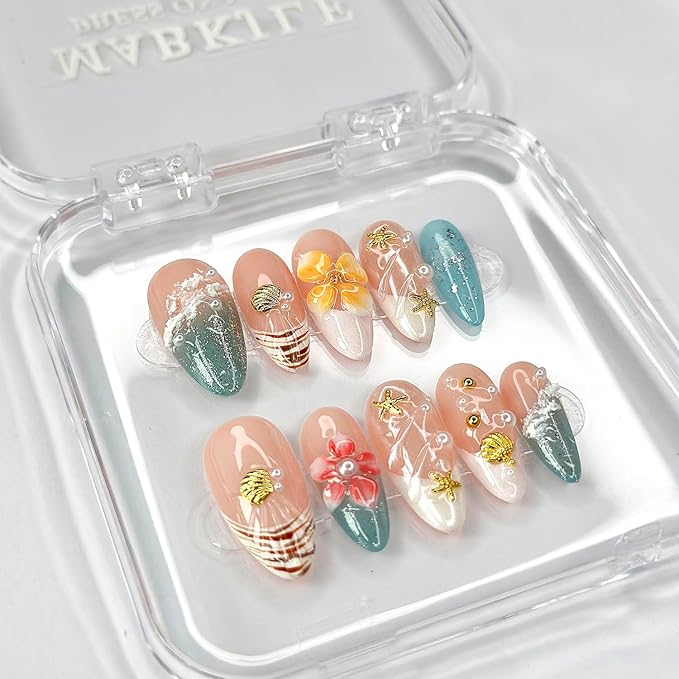 Luxury Press on Nails Medium Almond French Tip Handmade 3D Unique Reusable ABS Material Fake Nails Summer False Nails with Designs Plumeria Floral Art Petal Glossy Glue on Nails Thick Acrylic Nails(S)