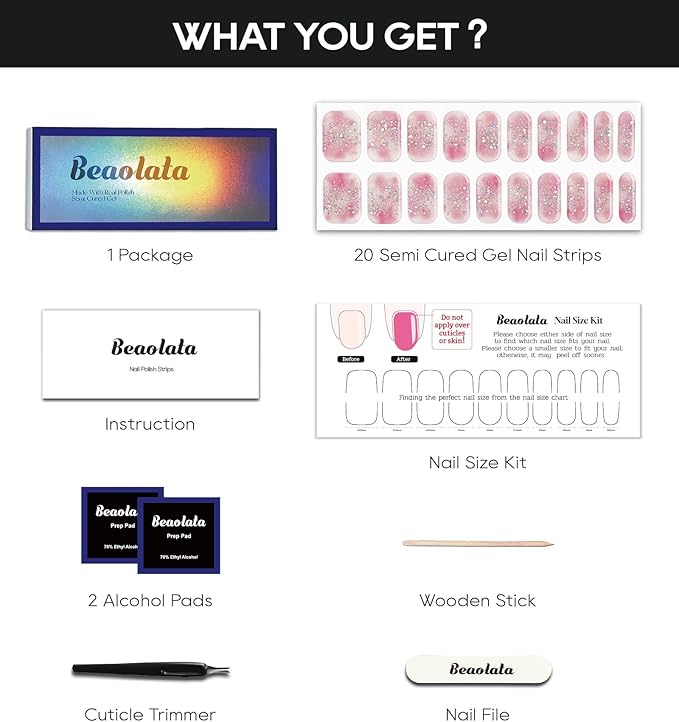 Semi Cured Gel Nail Strips - UV Light Gel Nail Stickers - 20 Long Lasting Salon Quality Wraps (Silver Pink Flower Glint)