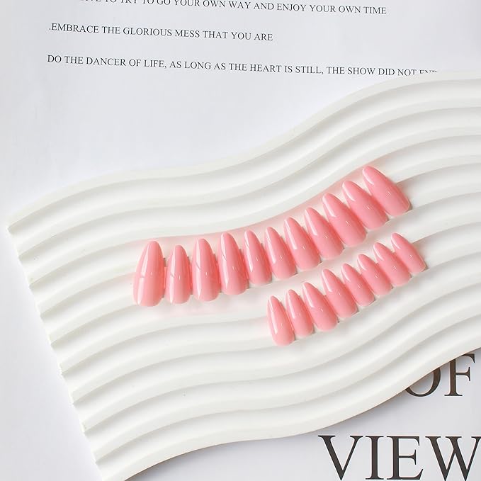 Rose Pink Press on Nails - Almond Shaped Medium Length Neutral Acrylic Reusable Fake Nails for Women Girls - Glue on Stiletto False Nails - Soft Gel Artificial