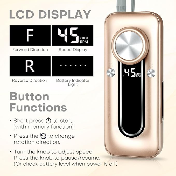 Nail Drill Electric Nail File Kit 45000 RPM Professional Efile Nail Set,Cordless Portable Rechargeable Acrylic Gel Nail Polish Remover Machine Pedicure Manicure Tool with for Salon Home Gold