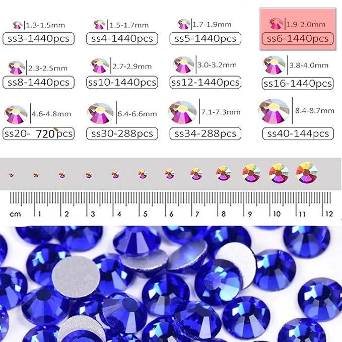 Dowarm 1440 Pieces SS6 Flatback Nail Crystals for Crafts, Face Art & Dance Costumes, Non-Hotfix (SS6, 2MM, Blue/Sapphire)