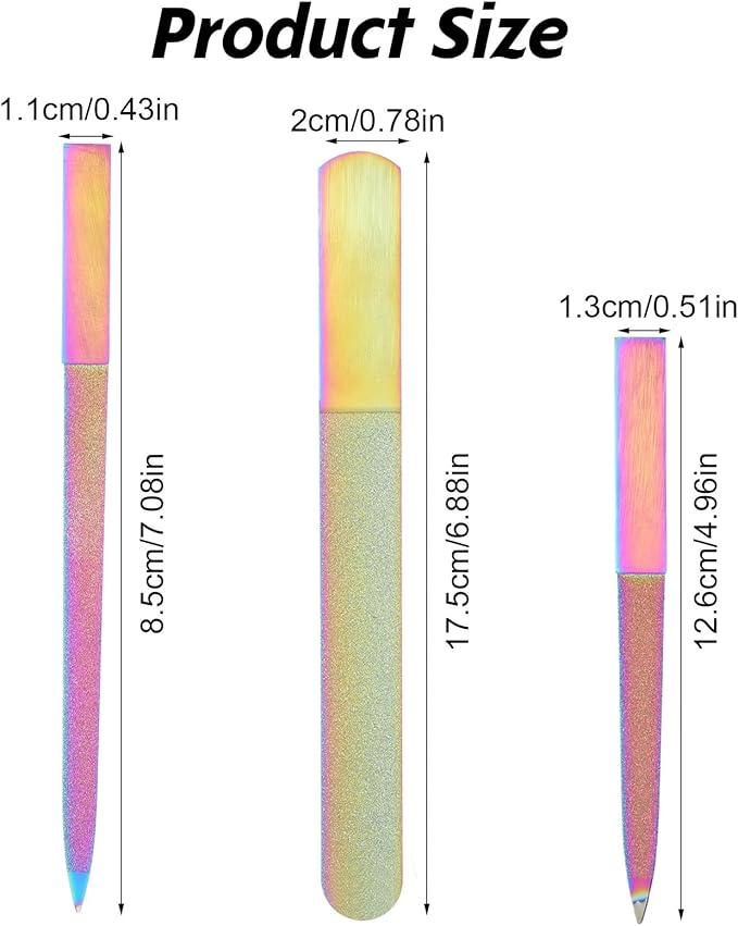 Diamond Nail File Set, 3Pcs Stainless Steel Double Side Fingernail Files Metal Nail File Manicure Pedicure Toenail Tools for Salon Home, Women Men Nail Care Tool (Colorful)