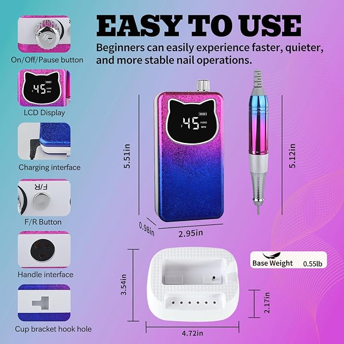 Professional Nail Drill File 45000RPM Electric Portable Kit with Rechargeable 8 uñas Bits Cordless Efile for Gel Acrylic Remover Home Salon Manicure Base Tool (Snowflake Blue and Charging Base)