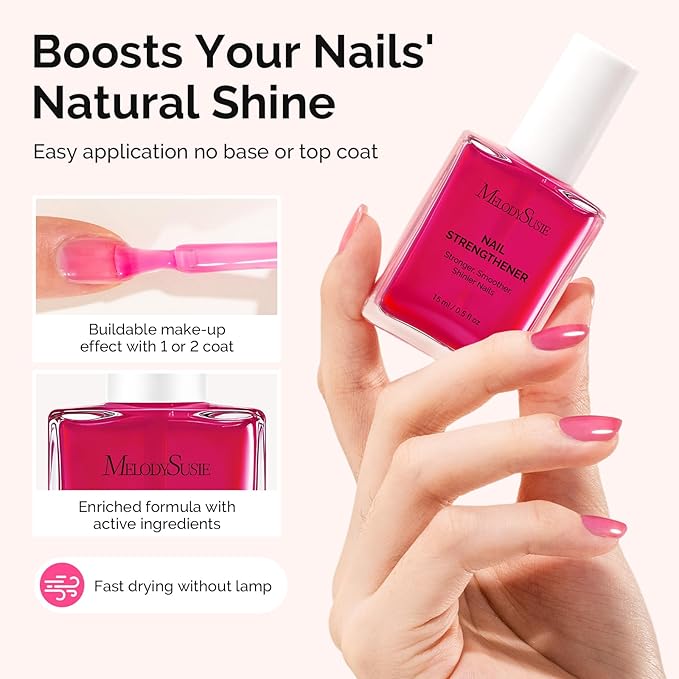 MelodySusie Nail Strengthener and Growth Treatment, 2-in-1 Ridge Filling Base Coat & Glossy Concealer Polish for Damaged Nail Repair and Healthy Shine,Gifts for Women 15ml 0.5 Fl Oz Fuchsia