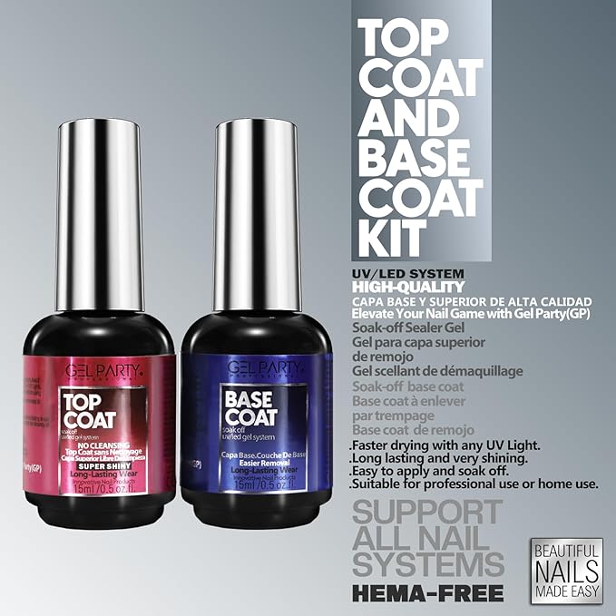 GELPARTY Gel Top Coat & Base Coat Set 2x15ml – No Wipe, HEMA-Free, Long-Lasting UV/LED Soak-Off Gel Nail Polish Kit, High Gloss Shine, Strong Adhesion, Chip-Resistant, Salon & DIY Manicure Essentials