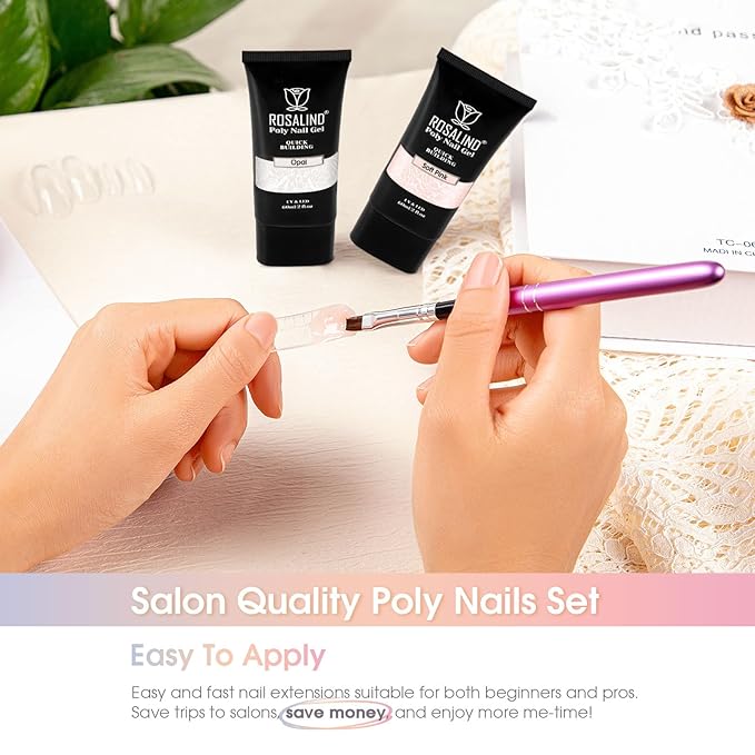 ROSALIND Soft Pink&Opal Extension Gel, 2 PCS 2oz Opal Poly Nail Gel kit Pink Nail for Nail Art Decoration, Builder Pink Gel Nail Thickening Poly Nail Gel Tube Easy to DIY Use Need UV Lamp