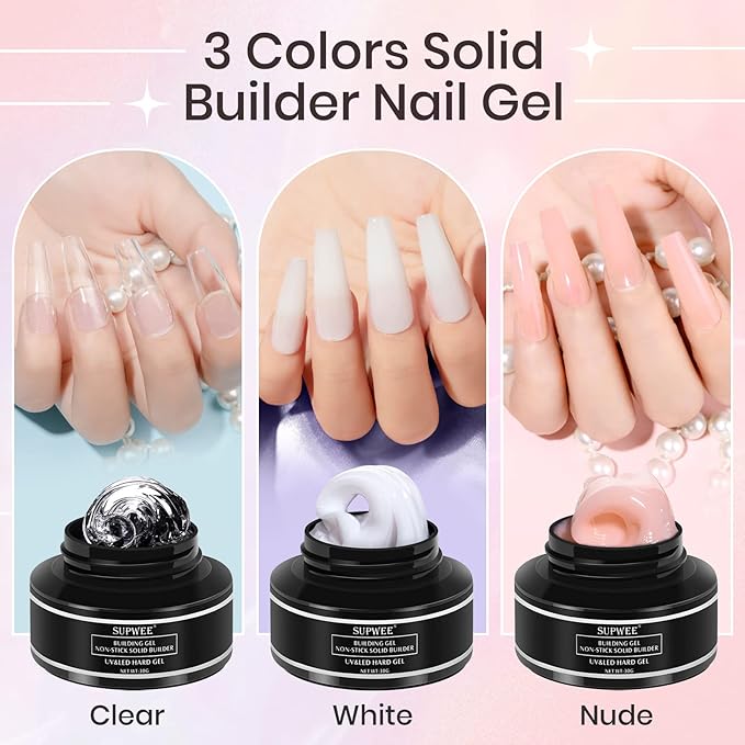 Solid Builder Gel for 3D Nail Art Gel Non-Sticky Hand 3D Sculpture Nail Gels Clear Hard Gels for Nails Extension Carving Modeling Nails Art Polish, Clear White Nude 3 Colors