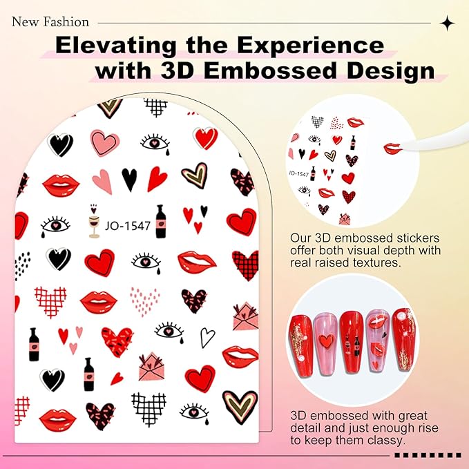 12 Sheets Valentine's Day Nail Sticker for Nails Art 3D Embossed Self-Adhesive Pink Red Love Heart Lips Valentine's Day Nail Decal Design Supplies for Women DIY Manicure Art Decoration YX1241