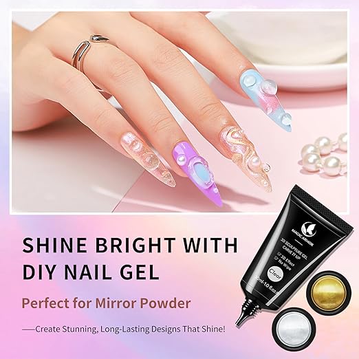 30g 3D Nail Gel and Chrome Powder Kit, Sculpting Gel Nail Art Glue for Art Designs DIY Craving Molding for Decoration Manicure Pedicure Use