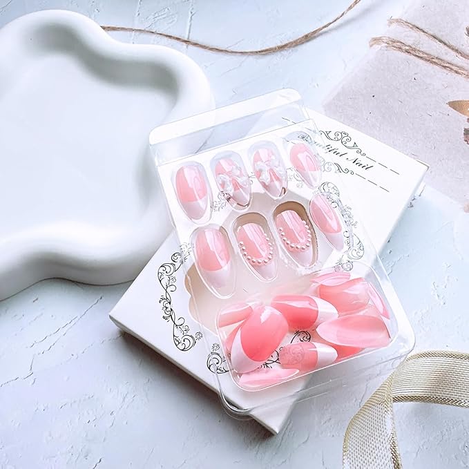 24 Pcs French Tip Press On Nails - Short Almond Bow Fake Nails with Pearl Designs - White French Tip False Nails - Reusable Artificial Nails for Women & Girls